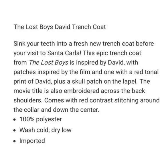 The Lost Boys David Trench Coat Adult L XL NEW